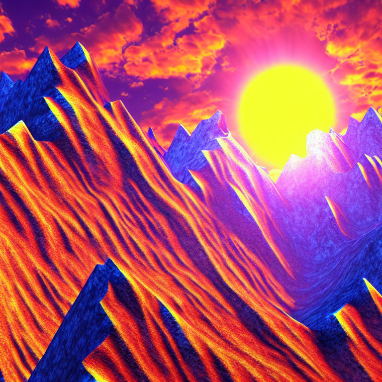 Colorful digital art: Orange and blue mountains under a purple sky with a yellow sun