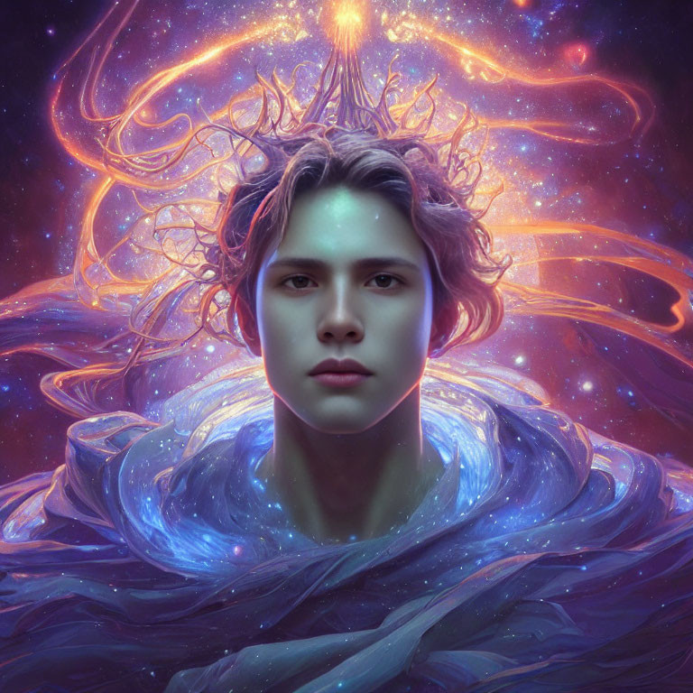 Serene person amidst cosmic nebulae and celestial patterns