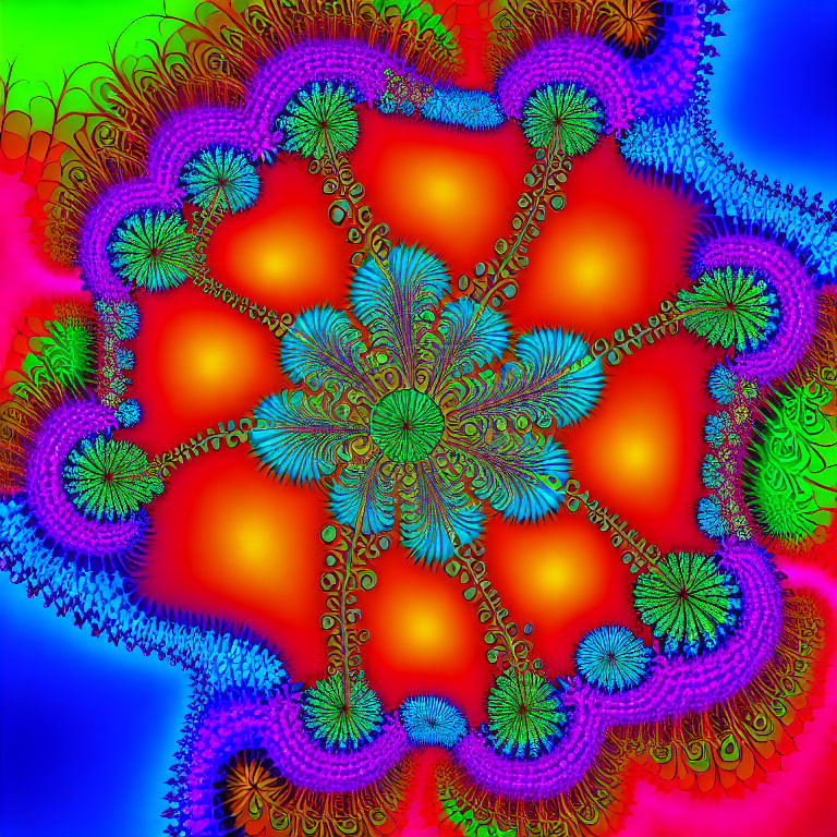 Colorful fractal art with fiery red center and cool blue edges