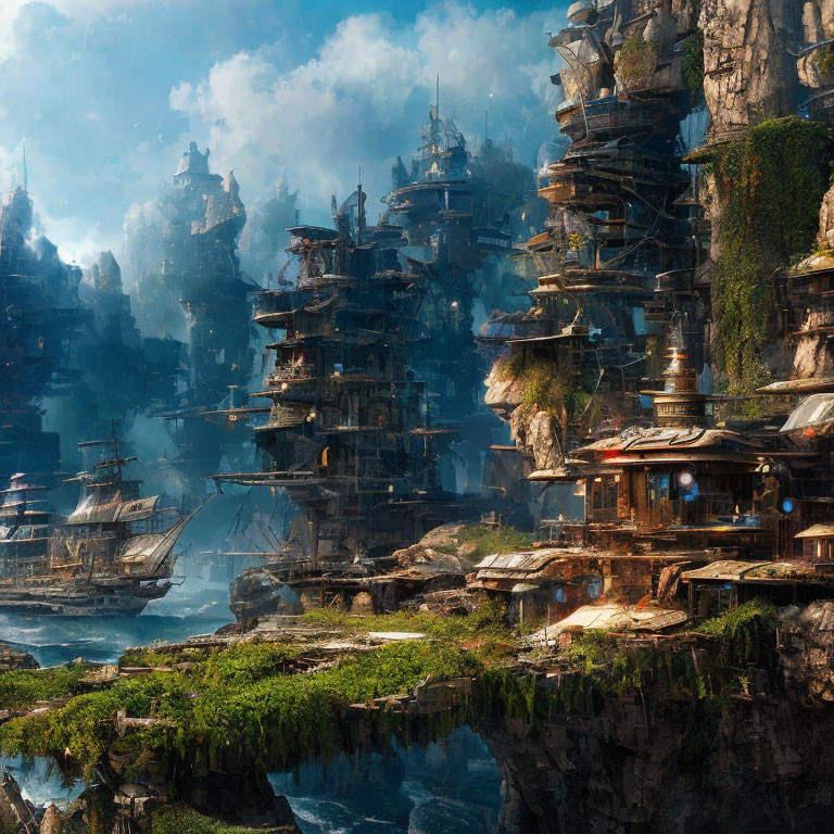 Fantastical Cliffside Port with Multi-Tiered Buildings and Ships