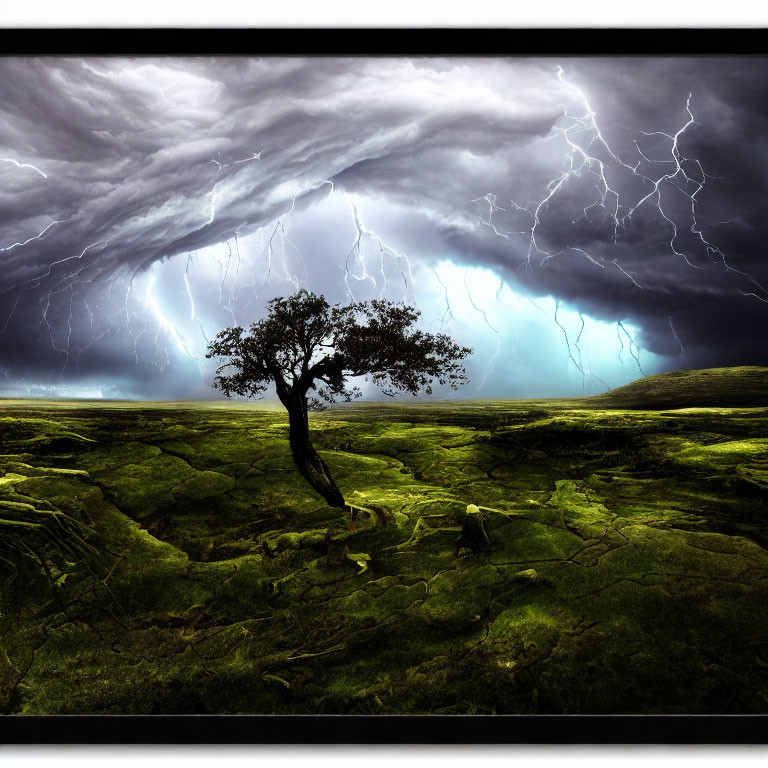 Lone tree in mossy field under stormy sky with lightning strikes