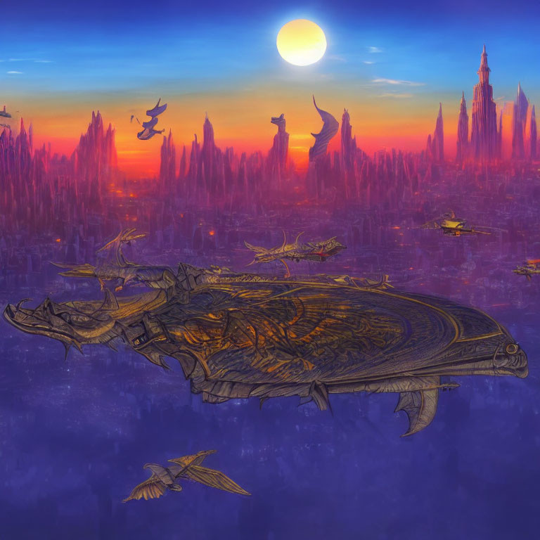 Fantastical sunset cityscape with spires, airships, and flying creatures