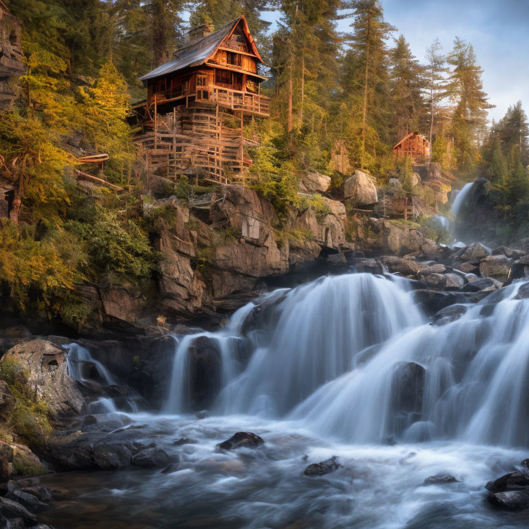 Tranquil waterfall cascades by rustic cliff house in misty forest