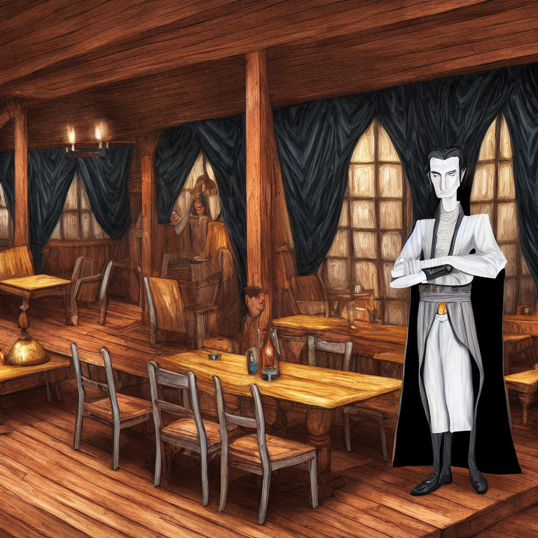 Old Tavern Interior Illustration: Wooden Furniture, Barkeep Cleaning Glass, Patrons at Table, Warm