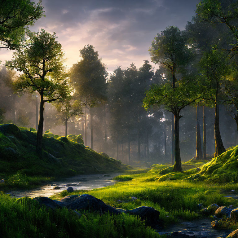 Sunlit forest scene with mossy ground and serene stream