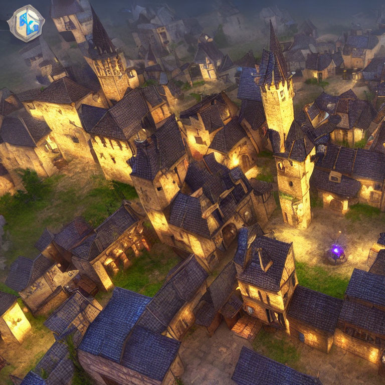 Digital artwork: Medieval fantasy village at dusk with stone houses and cobblestone streets