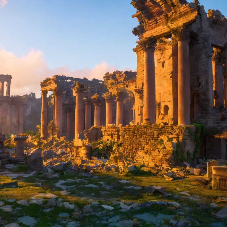 Ancient ruins with towering columns under clear blue sky