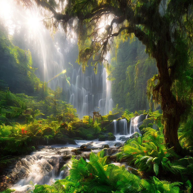 Lush forest landscape with waterfall, sunlight, and stream