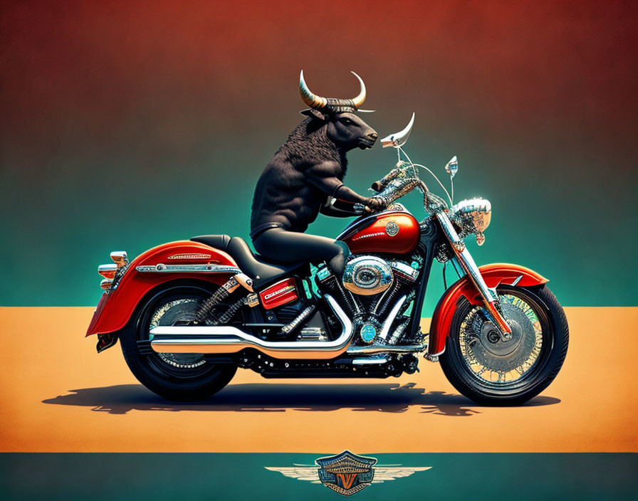 Bull humanoid on red motorcycle against surreal background