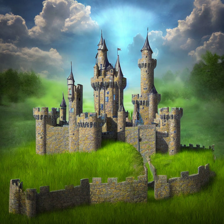 Stone castle with towers and turrets in lush meadow under cloudy sky