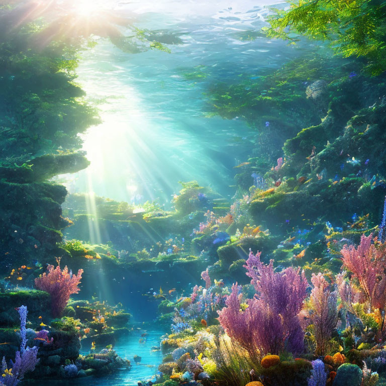 Underwater Scene with Vibrant Coral, Fish, and Aquatic Plants