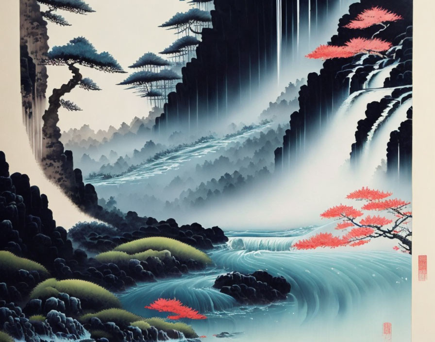 Serene East Asian Style Painting of Waterfall in Lush Landscape