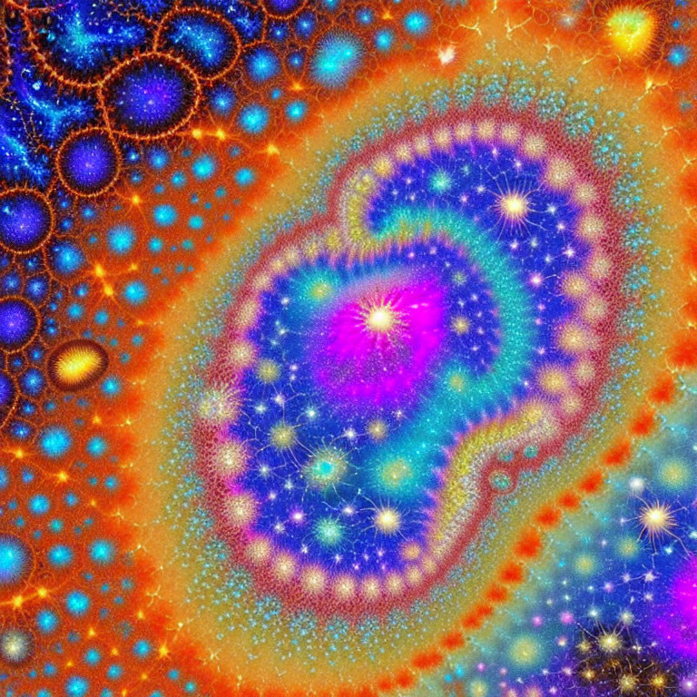 Vibrant fractal art with blue, orange, and purple swirls