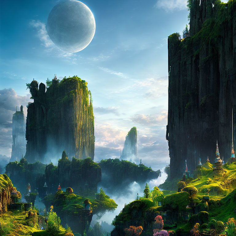 Fantasy landscape with towering cliffs and a large moon