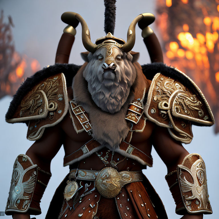 Anthropomorphic bull warrior in ornate armor with large horns and determined expression.