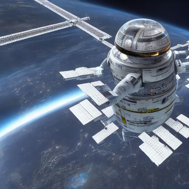 Futuristic space station with extended solar panels orbiting Earth