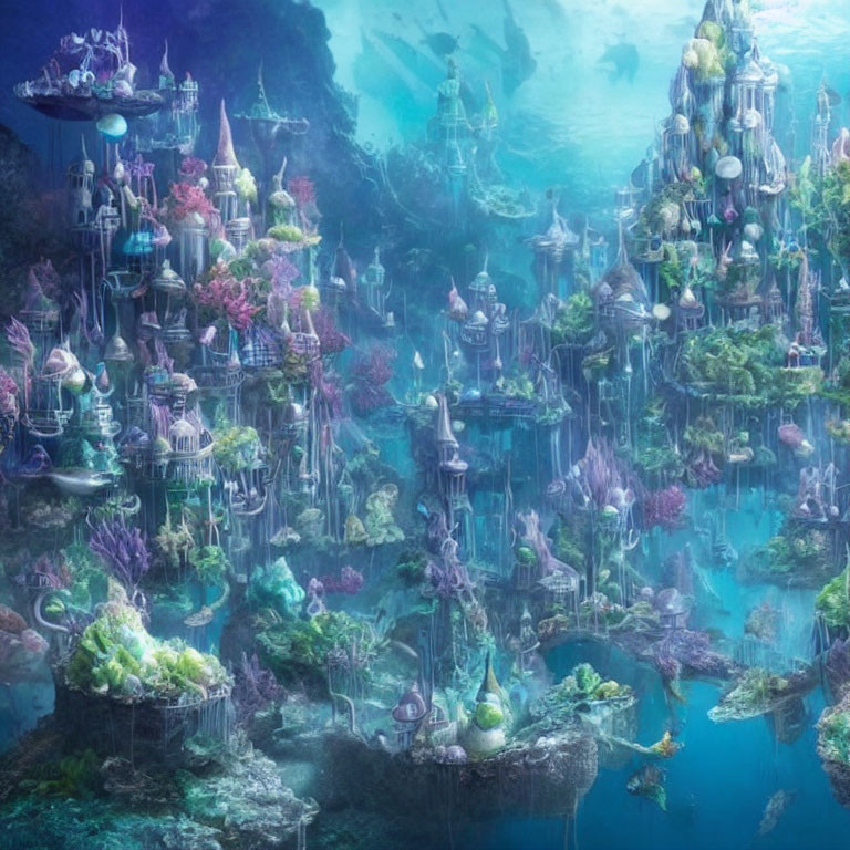 Ethereal Underwater City with Intricate Structures and Vibrant Marine Flora