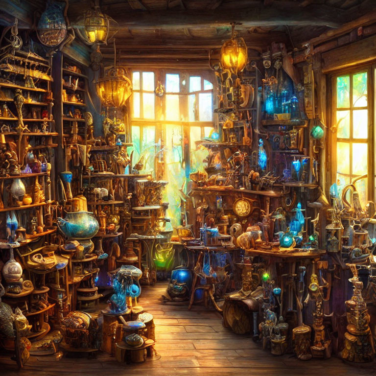 Cluttered wizard's workshop with potions, books, and artifacts.