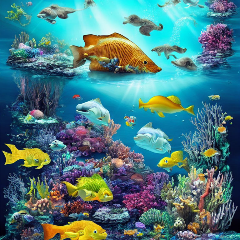 Colorful Coral Reefs and Diverse Fish in Vibrant Underwater Scene