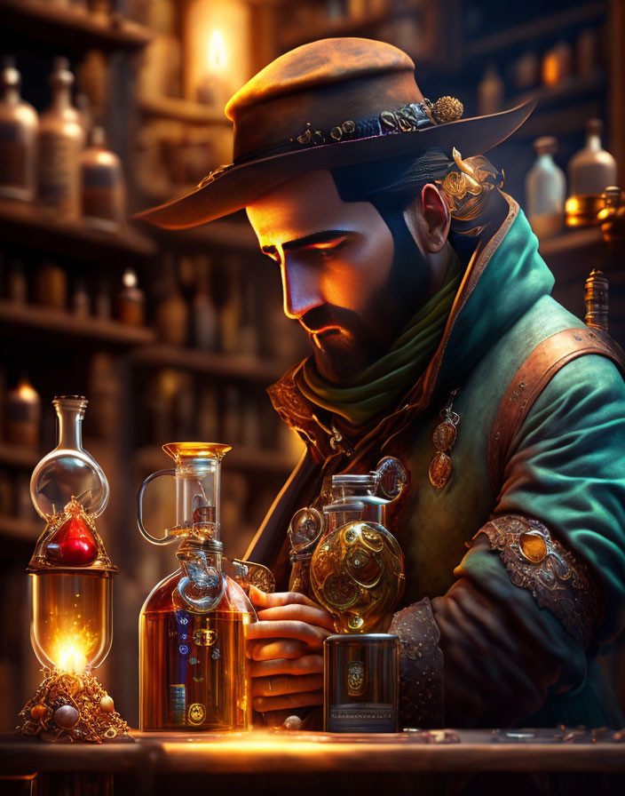 Bearded man mixing potions in candlelit alchemy lab