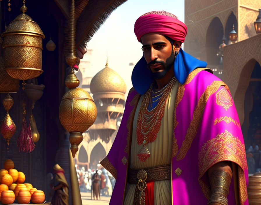 Digital illustration: Middle Eastern man in traditional attire at bustling market.