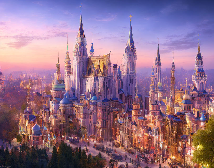 Fantastical cityscape with illuminated towers and vibrant twilight sky