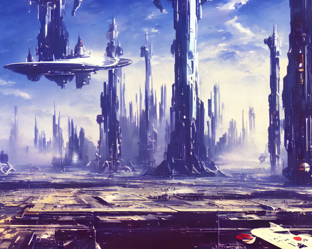 Futuristic cityscape with towering skyscrapers and flying vehicles