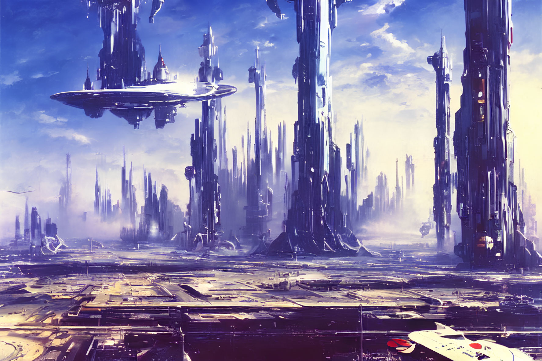 Futuristic cityscape with towering skyscrapers and flying vehicles