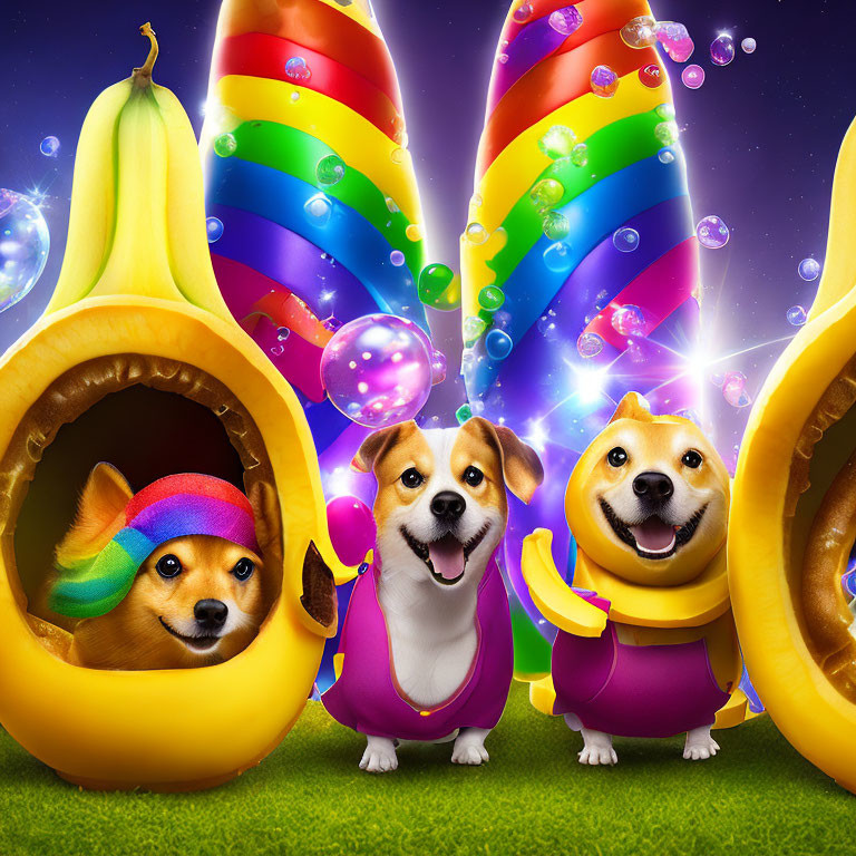 Colorful Fruit Costumed Dogs in Magical Party Scene