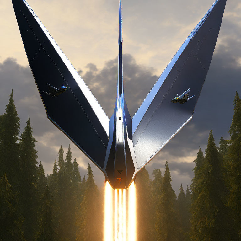 Futuristic spacecraft launching with blazing engines over sunset forest