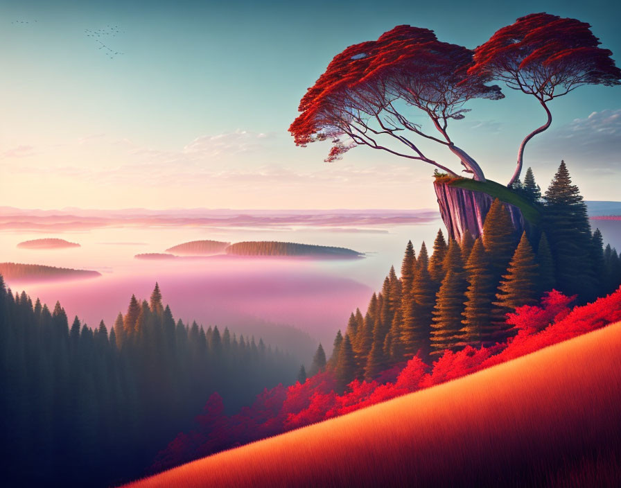 Surreal landscape with vibrant red tree on cliff overlooking misty hills and serene lake at sunrise or