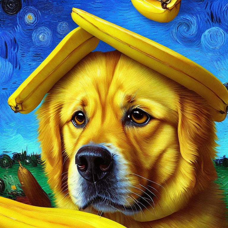 Colorful Dog Painting with Banana on Head, Starry Night Style