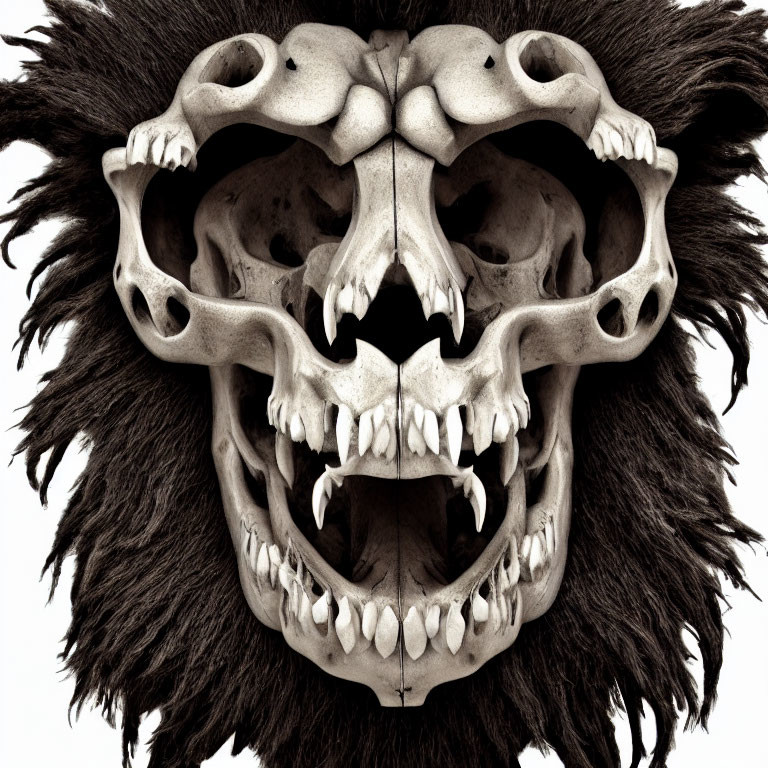 Symmetrical lion face art: skull and fur blend