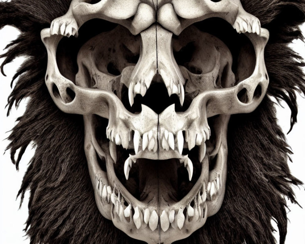 Symmetrical lion face art: skull and fur blend