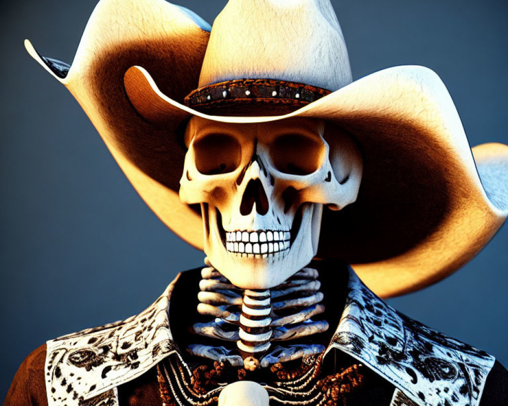 Skeleton in Cowboy Hat with Bandana and Skull Detail on Necktie