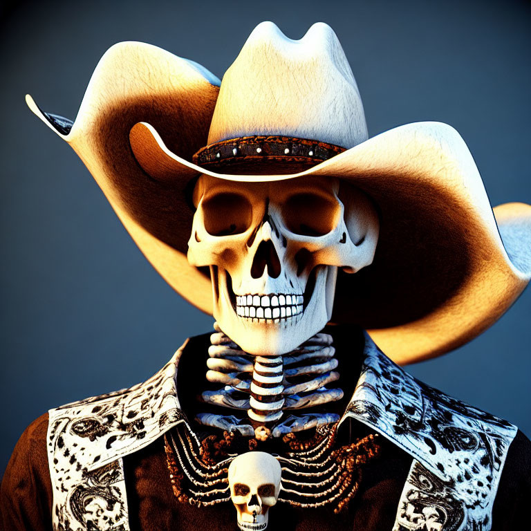 Skeleton in Cowboy Hat with Bandana and Skull Detail on Necktie