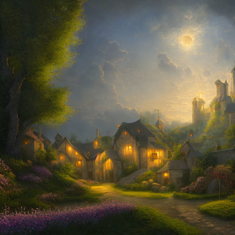 Twilight village scene with glowing windows and moonlit sky