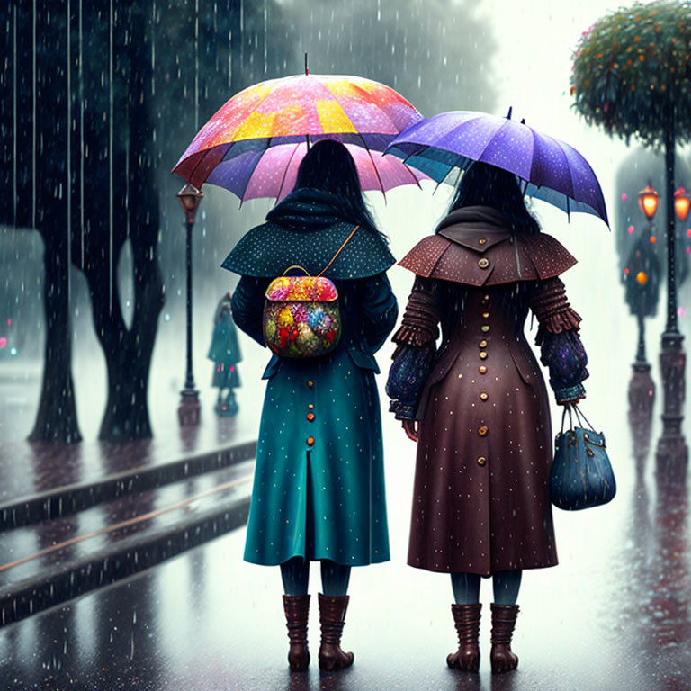 Two people with colorful umbrellas in the rain on urban walkway