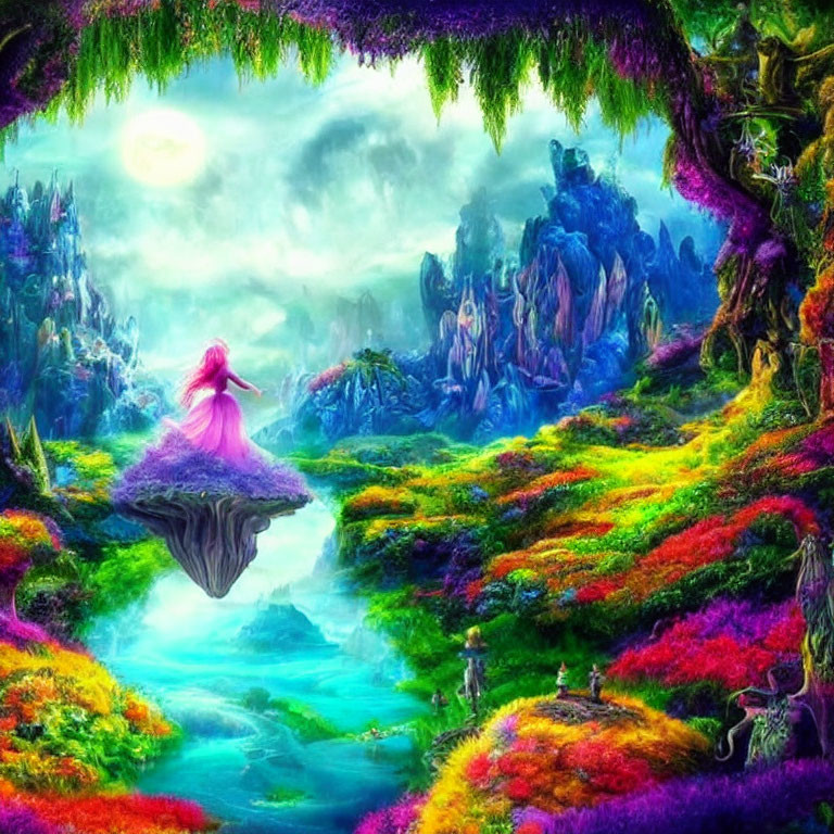 Colorful fantasy landscape with floating rock and pink-dressed figure surrounded by vibrant flora and whimsical mountains