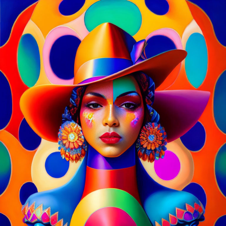 Colorful woman portrait with hat and makeup on psychedelic circle pattern