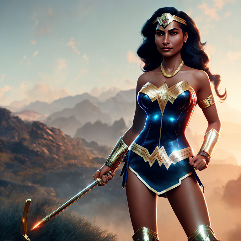 Digital Artwork: Wonder Woman with Golden Tiara and Sword in Heroic Pose at Sunrise