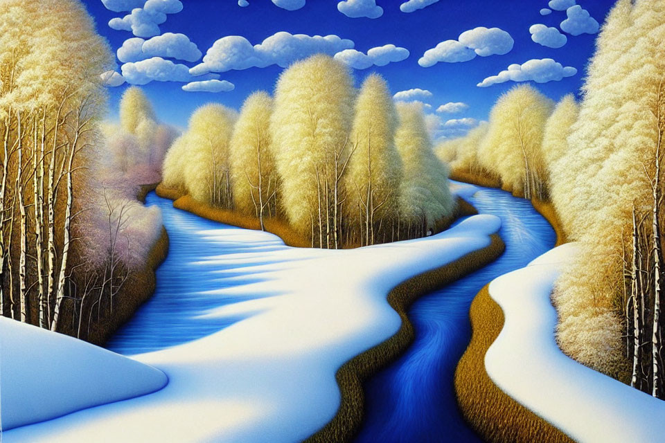 Surreal landscape with golden trees, blue river, and fluffy clouds