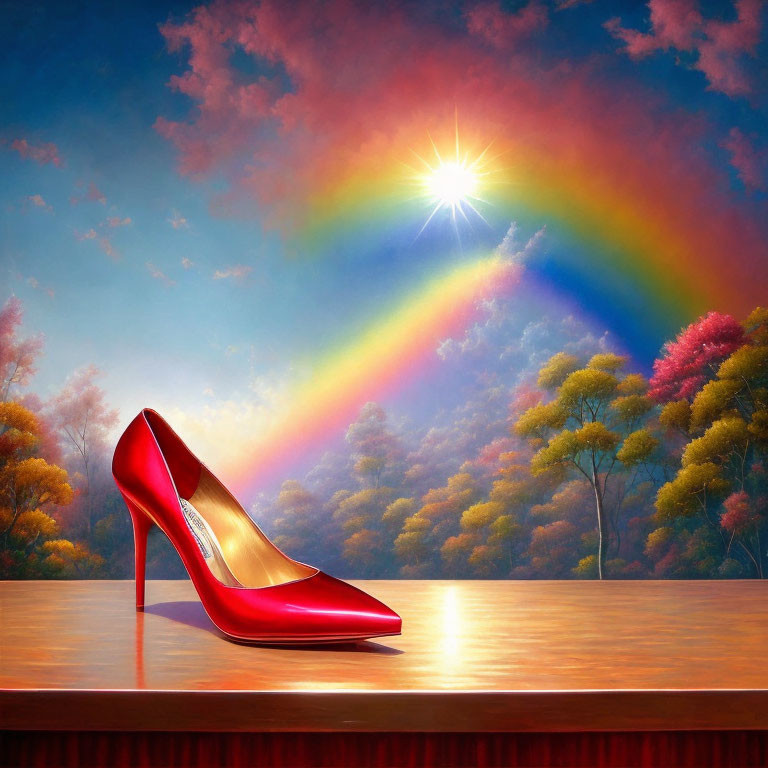 Vibrant red high-heeled shoe on wooden surface with colorful backdrop