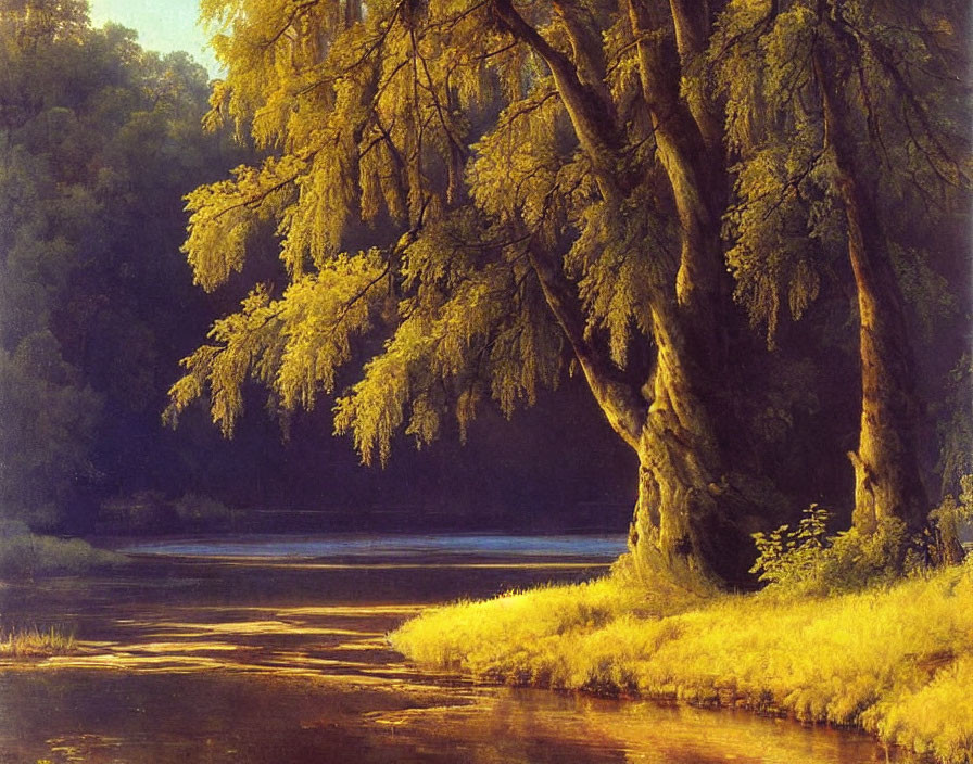 Tranquil riverside scene at dawn or dusk with golden sunlight and lush green trees.