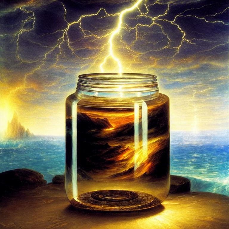 Transparent glass jar with stormy ocean scene under lightning sky