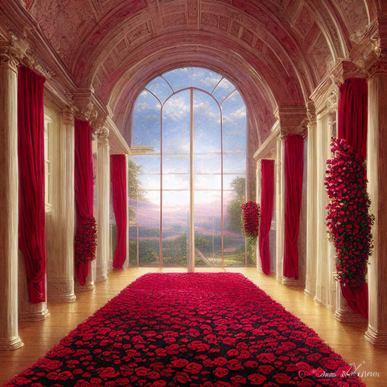 Luxurious Room with Arched Windows, Red Drapery, Rose Carpet, and Sunrise View