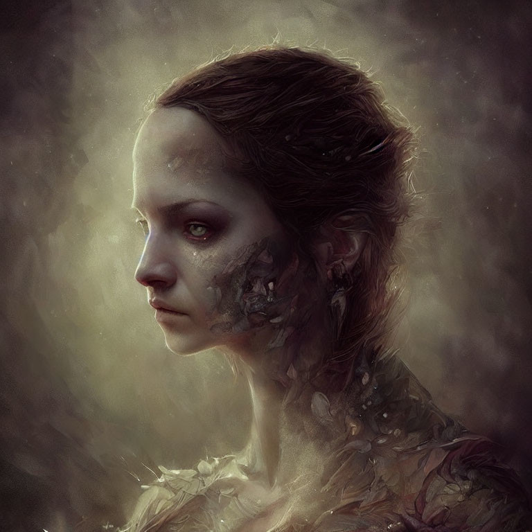 Ethereal portrait of woman with tree bark-like skin