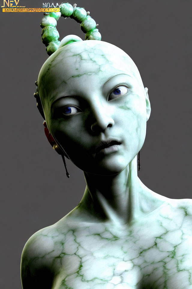 Green Marbled Skin Humanoid Creature with Blue Eyes & Horn-like Appendages