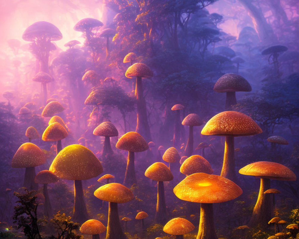 Enchanting forest with luminescent mushrooms and purple fog