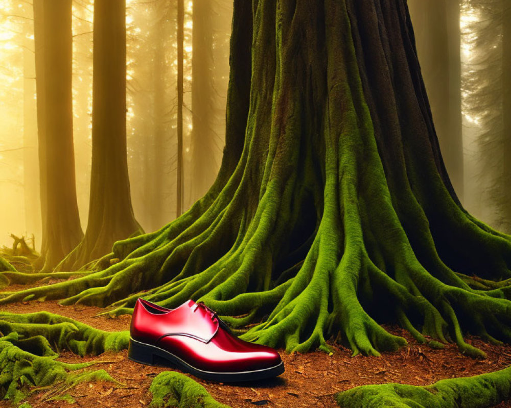 Red shoe against mossy tree roots in misty forest landscape